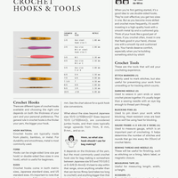 A printed informational page titled 'Crochet Hooks & Tools' with text, small diagrams, a size chart, and a table listing crochet hook sizes in millimeters and US sizes.